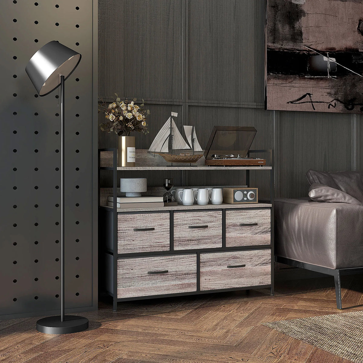 Bedroom Chest of Drawers, 5 Drawer Dresser w/ Shelves, Grey Wood Effect
