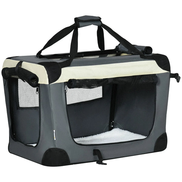 60cm Foldable Pet Carrier with Cushion Soft Sided Travel Crate for Cats and Small Dogs Grey