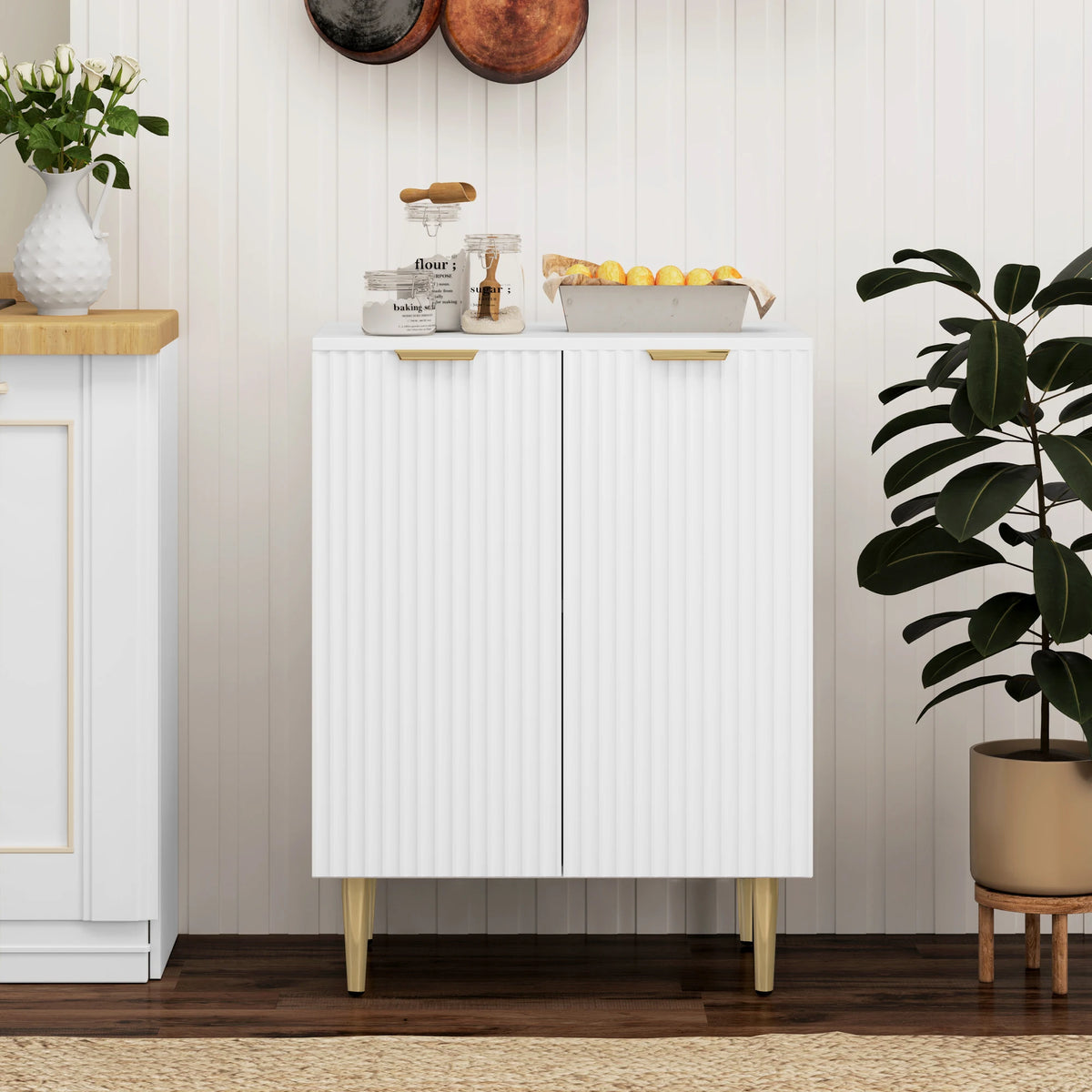 Sideboard Buffet Cabinet with 2 Compartments and 3 Level Adjustable Dividing Shelf Modern White