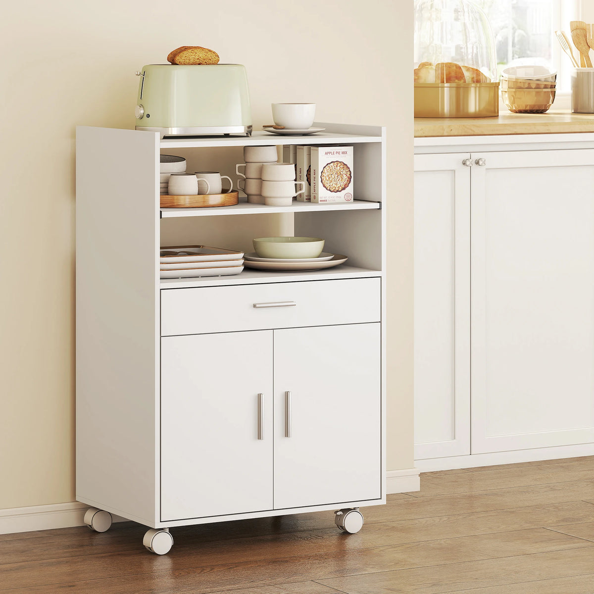 Kitchen Trolley Microwave Stand on Wheels with Slide-Out Shelf, Drawer and Cupboard, White