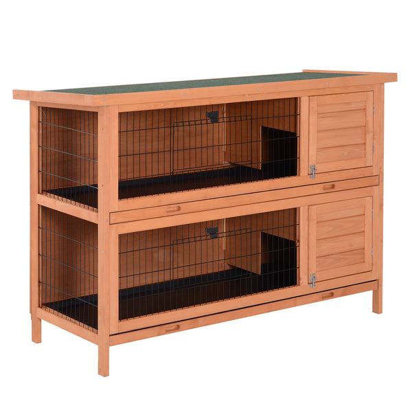 Large Rabbit Hutch 54 Inch 2 Tier with Divider 4 Doors 2 Sliding Trays and Asphalt Roof Fir Wood