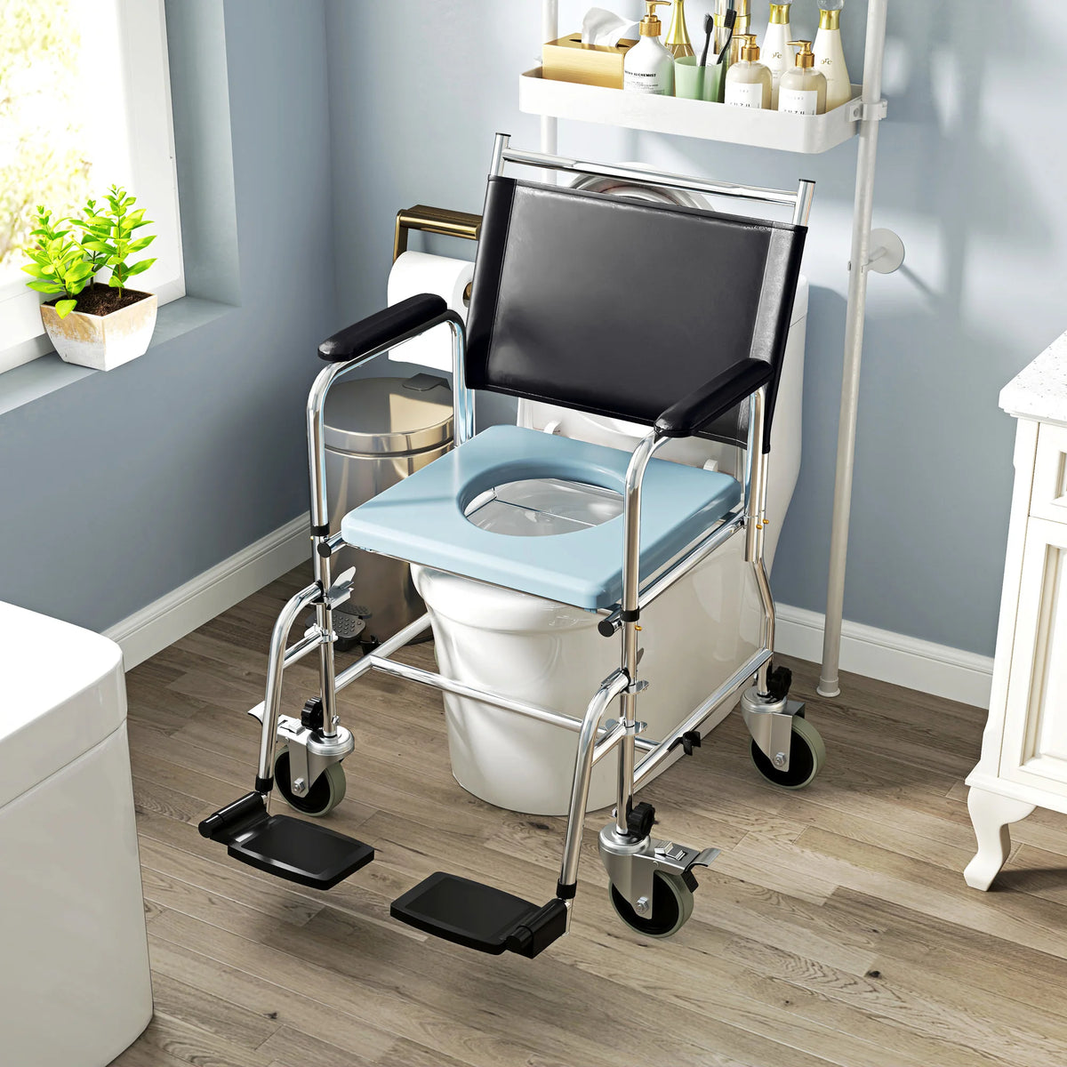 Shower Wheelchair, Commode Wheeled Chair with Padded Seat, Backrest