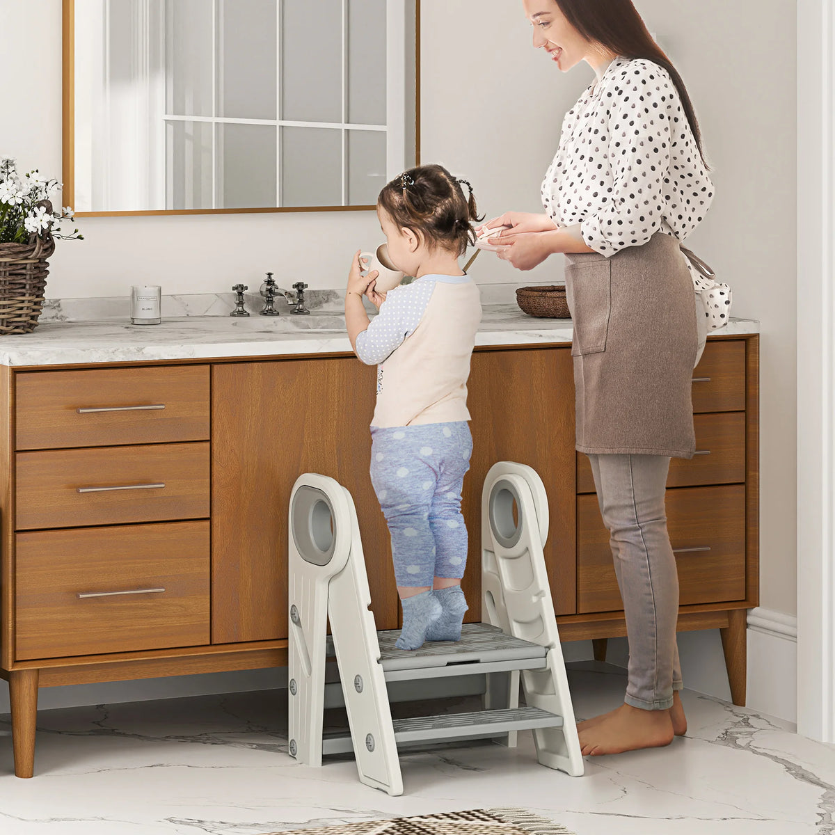 Foldable Kids Step Stool Converts 3 Step to 2 Step with Handle Non Slip HDPE 25kg for Ages 18-60 Months Grey