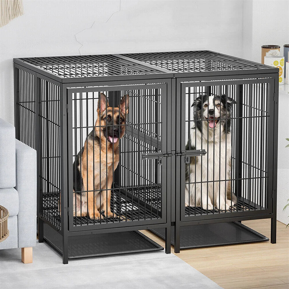 BORWART Heavy Duty Large Dog Crate 130.5x100x100cm Removable Divider Metal Cage for 2 Dogs 150kg