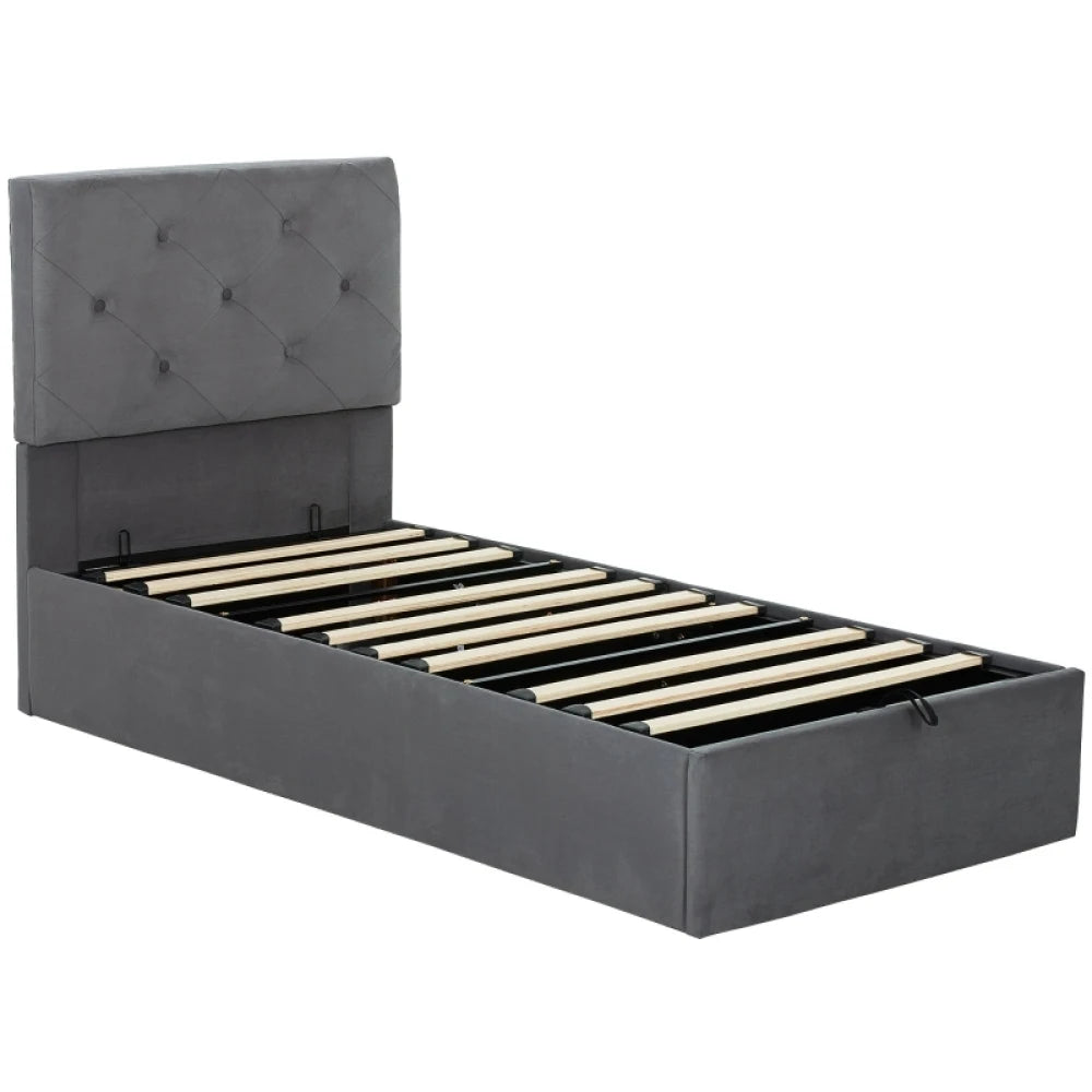 90 x 190cm Single Gas Lift Storage Bed Frame, Dark Grey Velvet Button-Tufted Headboard, BS5852 Fire-Retardant