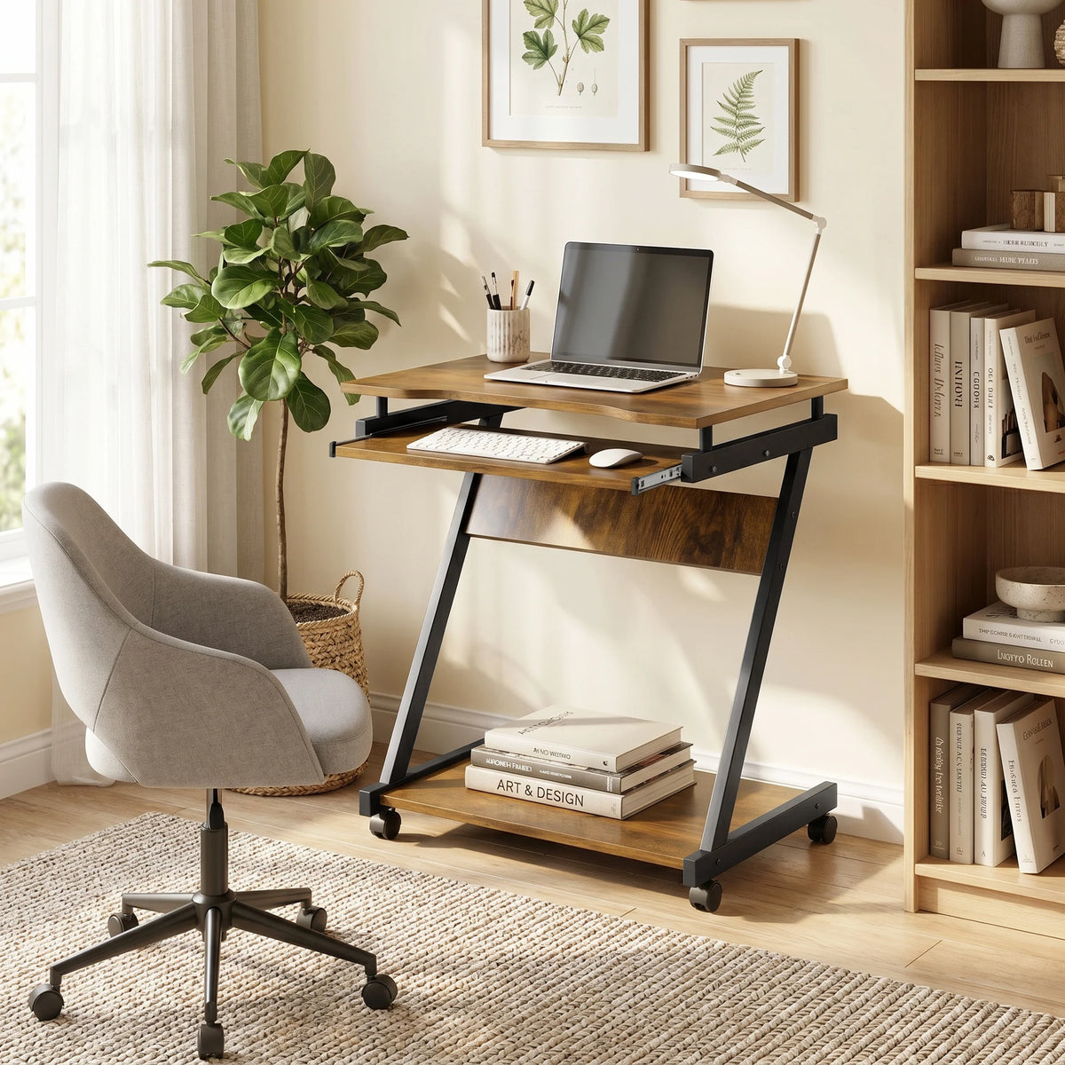 Mobile Computer Desk with Keyboard Tray and Lockable Wheels, Rustic Brown