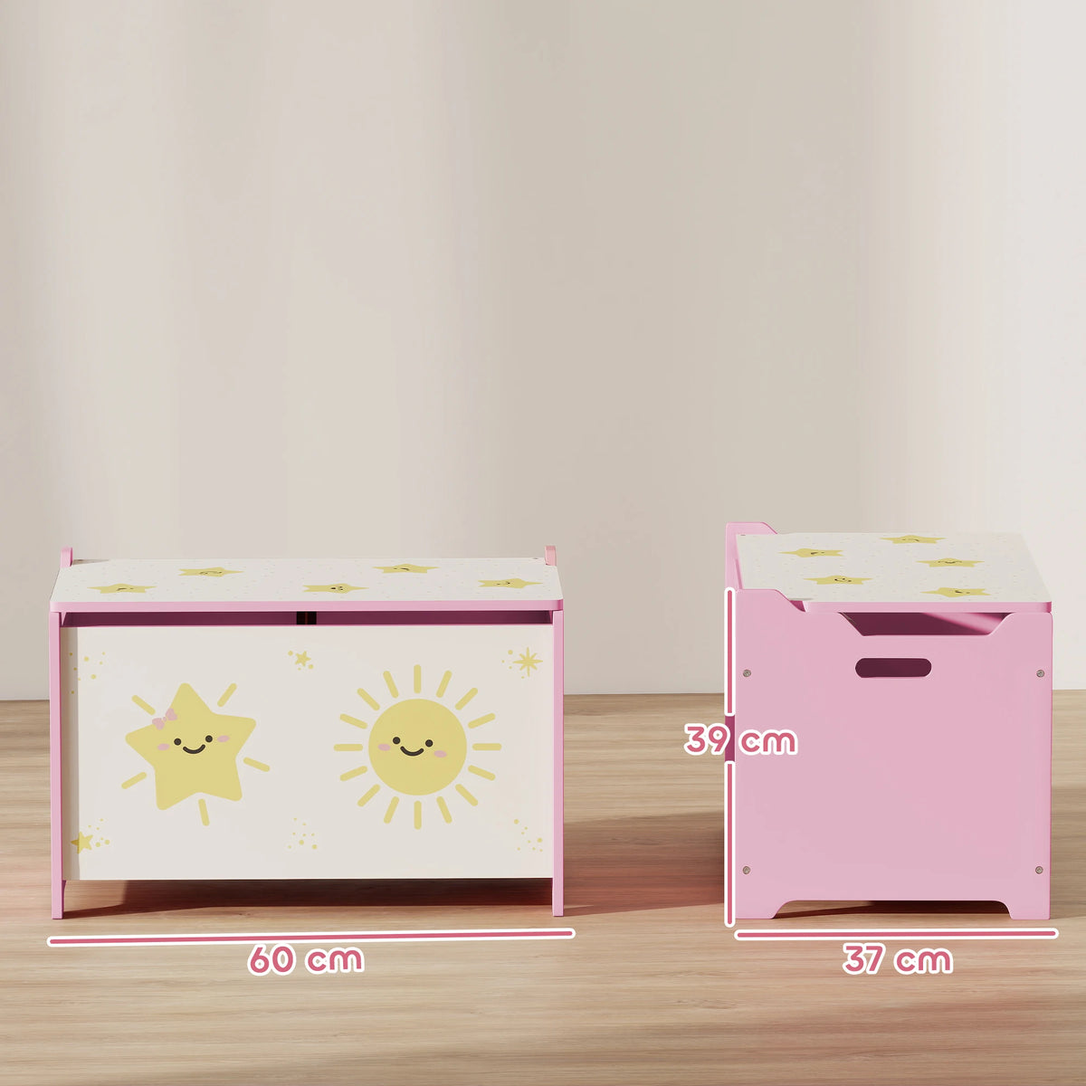 Kids Toy Box with Lid and Safety Hinges 60x37x39cm MDF Storage Chest 20kg Capacity Pink