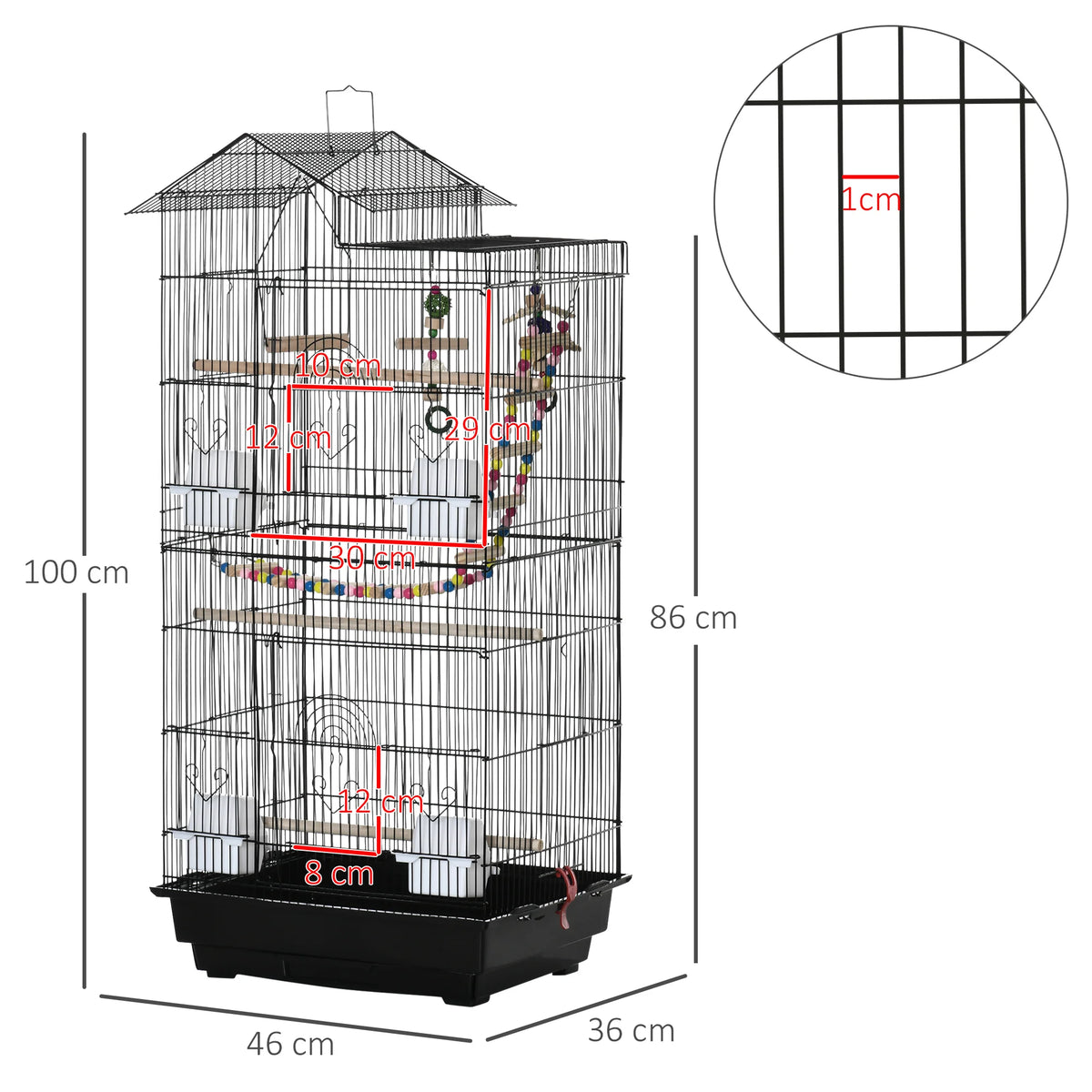 Tall Metal Bird Cage for Budgies and Finches with Accessories and Handle, Black