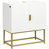 White Under Sink Bathroom Cabinet with Gold Detail | 60x30x65cm Wooden Basin Cupboard with 2 Doors