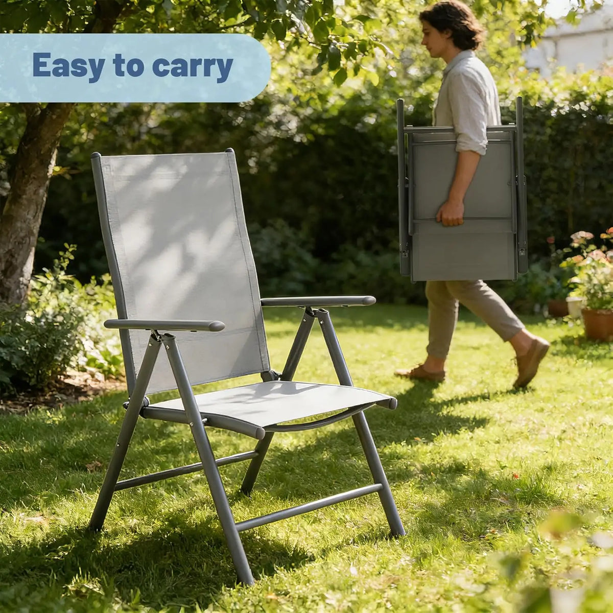 Set of 2 High Back Aluminium Folding Garden Chairs with Armrests 8 Position Adjustable for Patio Camping Balcony