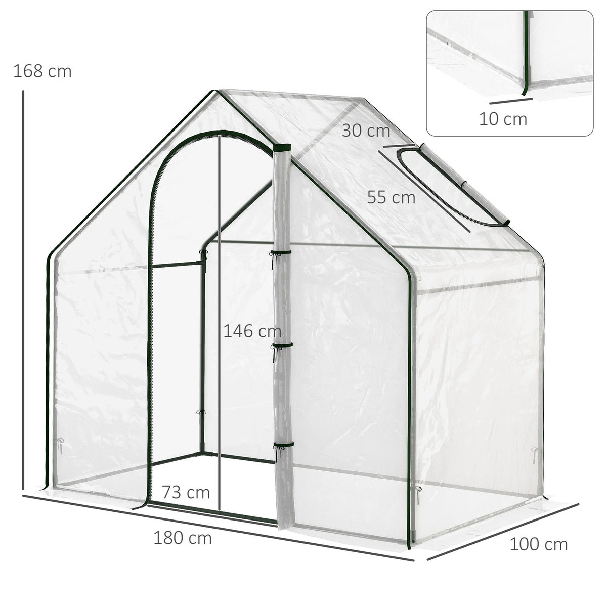Walk In PVC Greenhouse 180x100x168cm with Zipped Front Door Back Window Steel Frame UV Resistant Clear