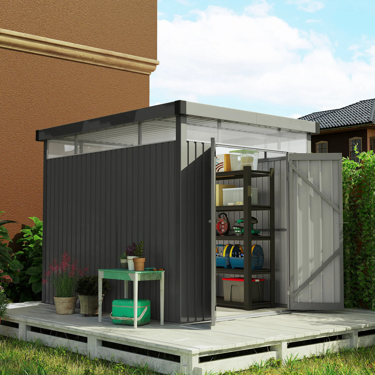 5.3 x 8.5ft Galvanised Steel Garden Shed with Acrylic Roof Windows, Dark Grey