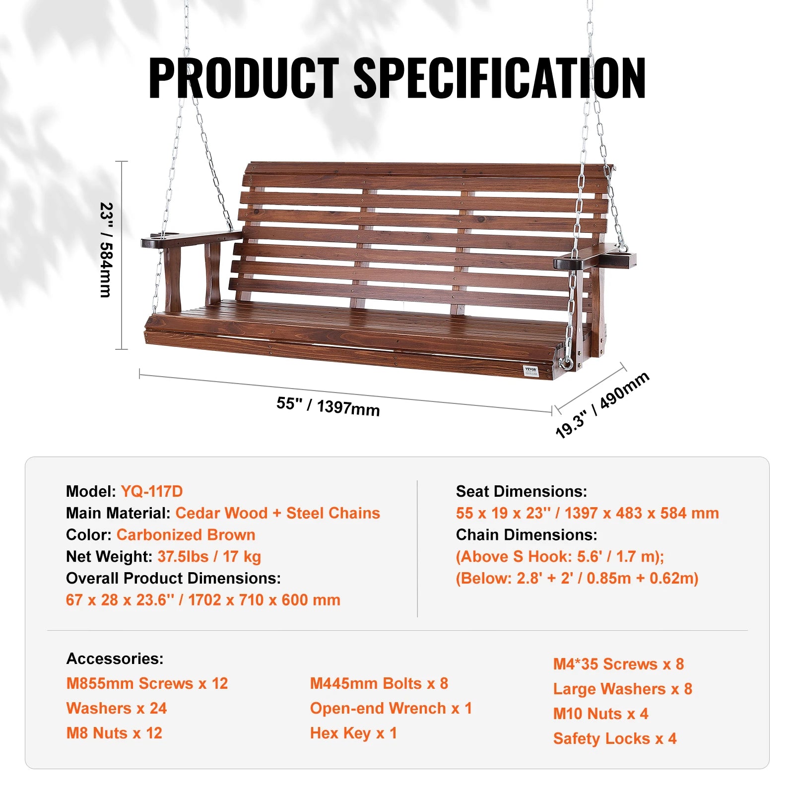 5FT Wooden Porch Swing Bench 880lbs Cedar Wood Steel Chains for Garden Courtyard Patio Outdoor