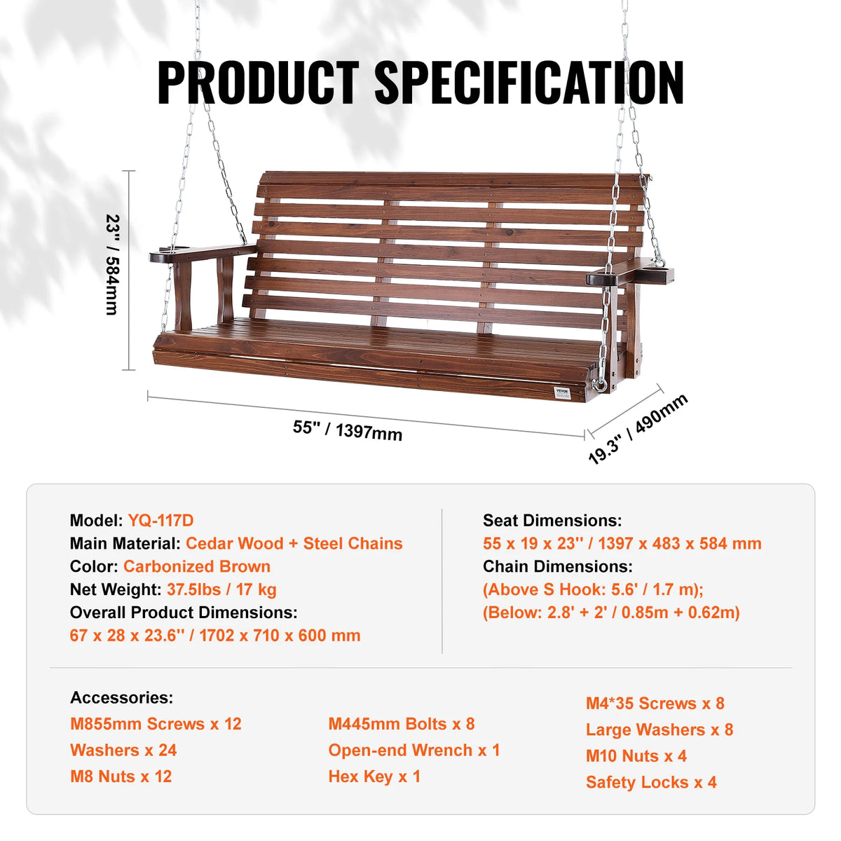 5FT Wooden Porch Swing Bench 880lbs Cedar Wood Steel Chains for Garden Courtyard Patio Outdoor