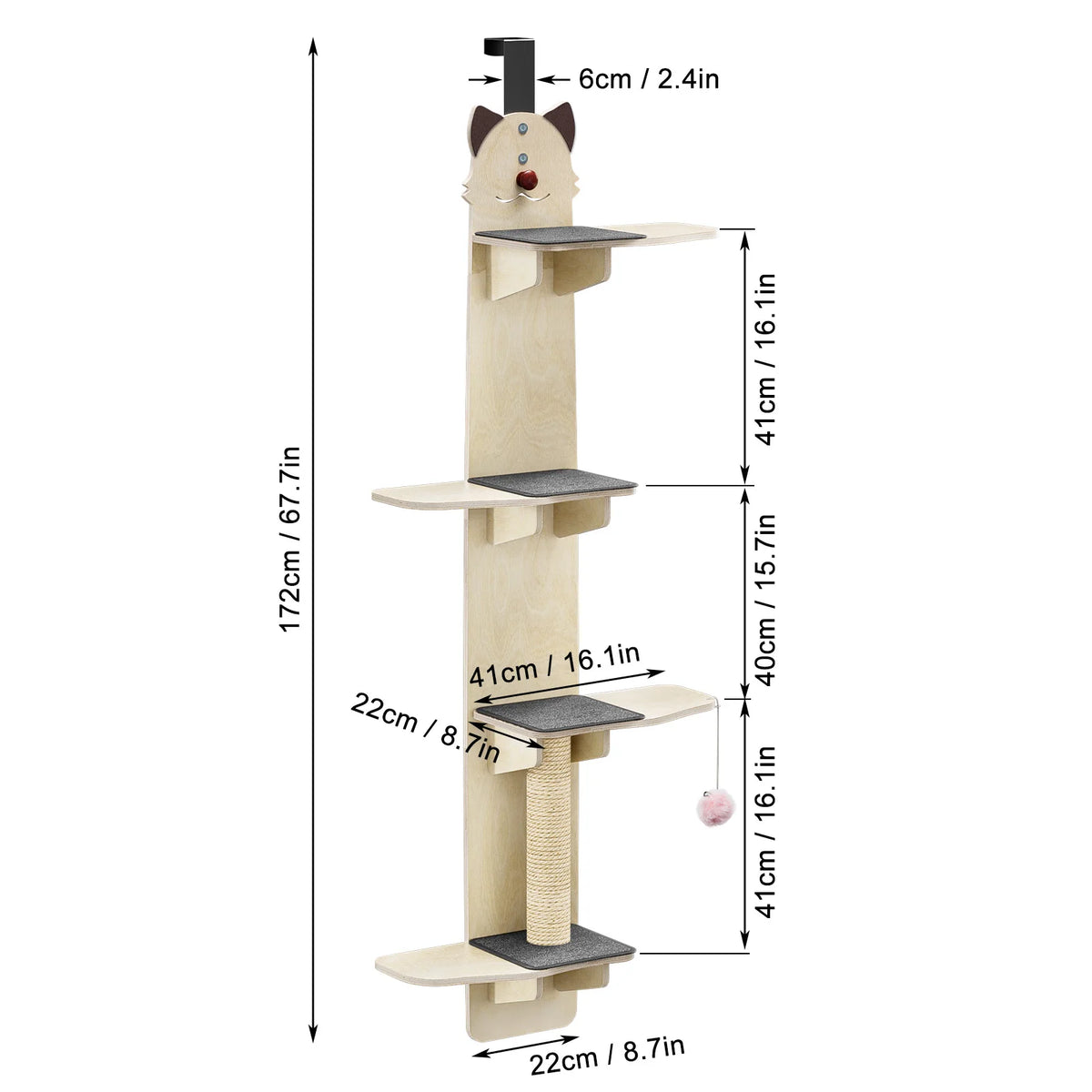 4 Tier Vertical Cat Tree Over The Door Hanging Shelves Scratching Post Tease Ball for Cats
