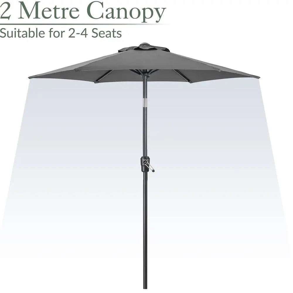2m Tilting Garden Parasol with Crank Handle, Aluminium Pole, UPF 30, Grey
