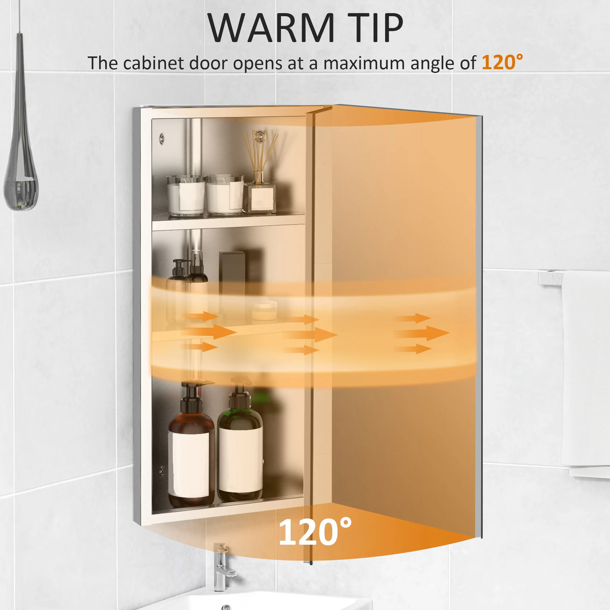 Bathroom Corner Mirror Cabinet Wall Mounted Stainless Steel with 3 Shelves and Frameless Mirrored Door