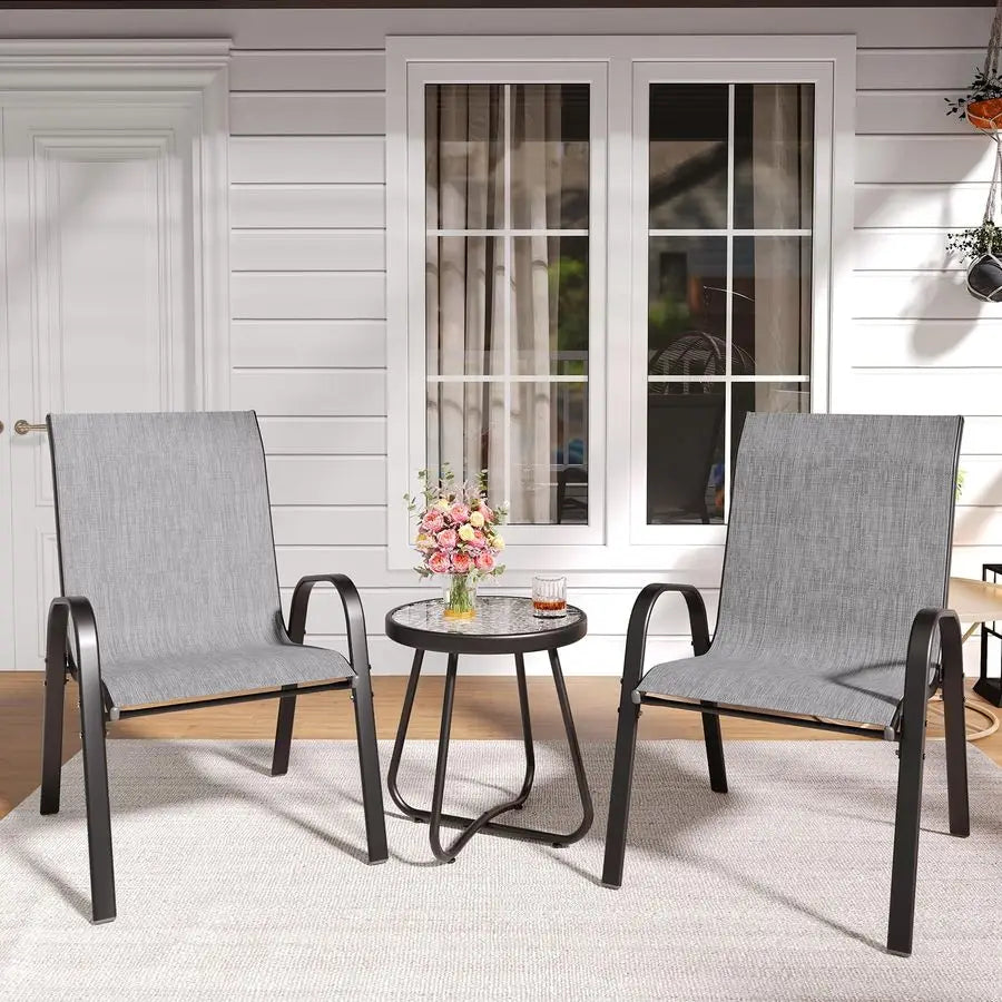3-Piece Outdoor Bistro Set with Stackable High-Back Chairs and Glass Top Table for Balcony and Patio
