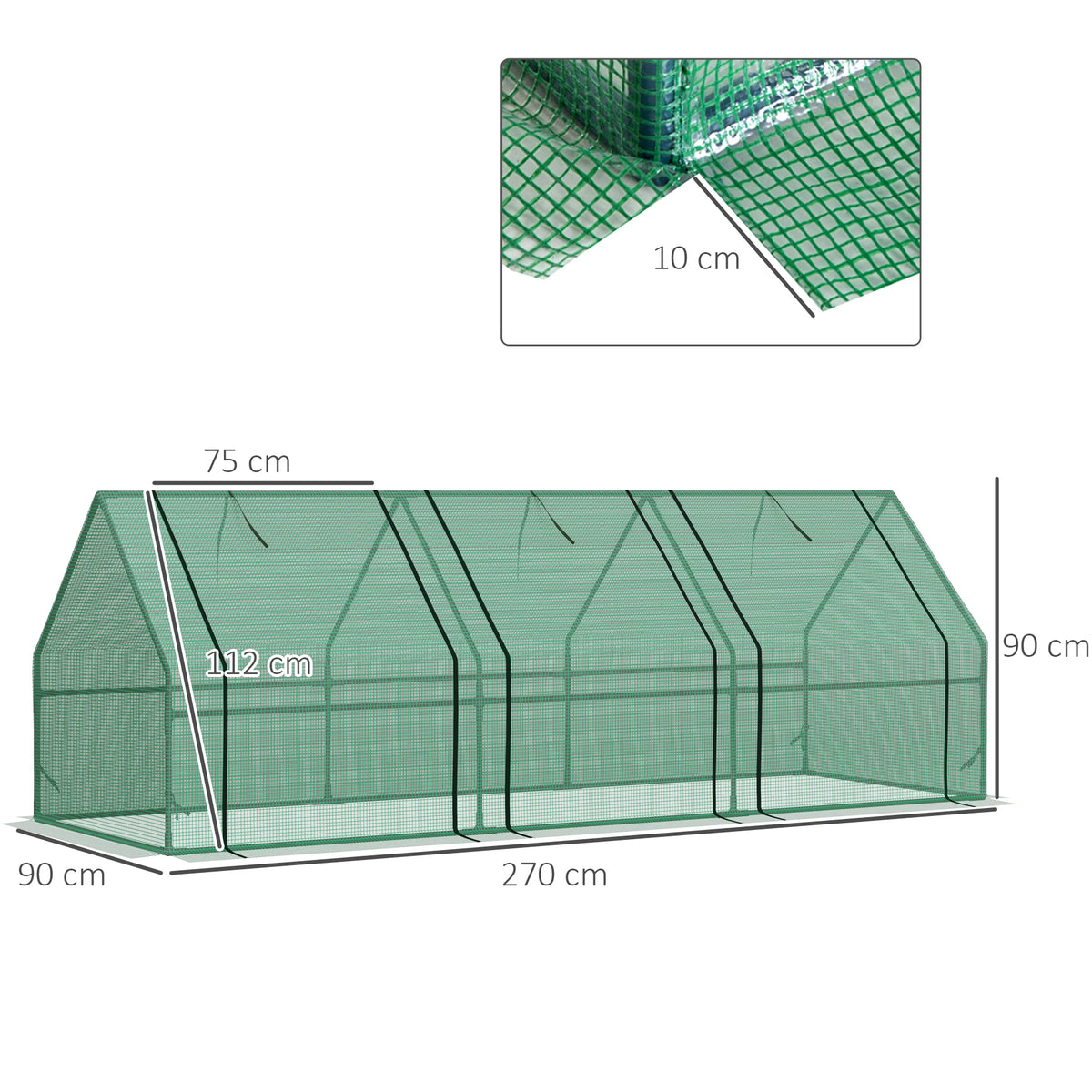 Mini Greenhouse Garden Planter with 3 Zip Doors, Portable, 270 x 90 x 90cm