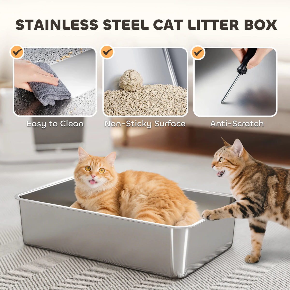 XL Stainless Steel Cat Litter Tray with Dual Entry, Light Grey