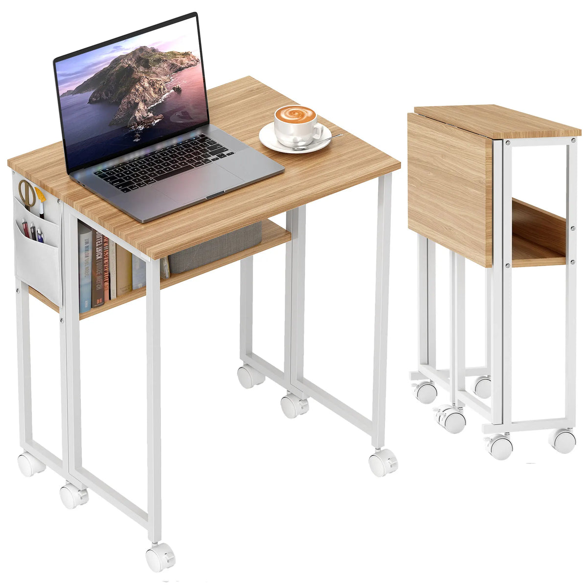 63cm Foldable Computer Desk on Wheels for Small Spaces, Natural