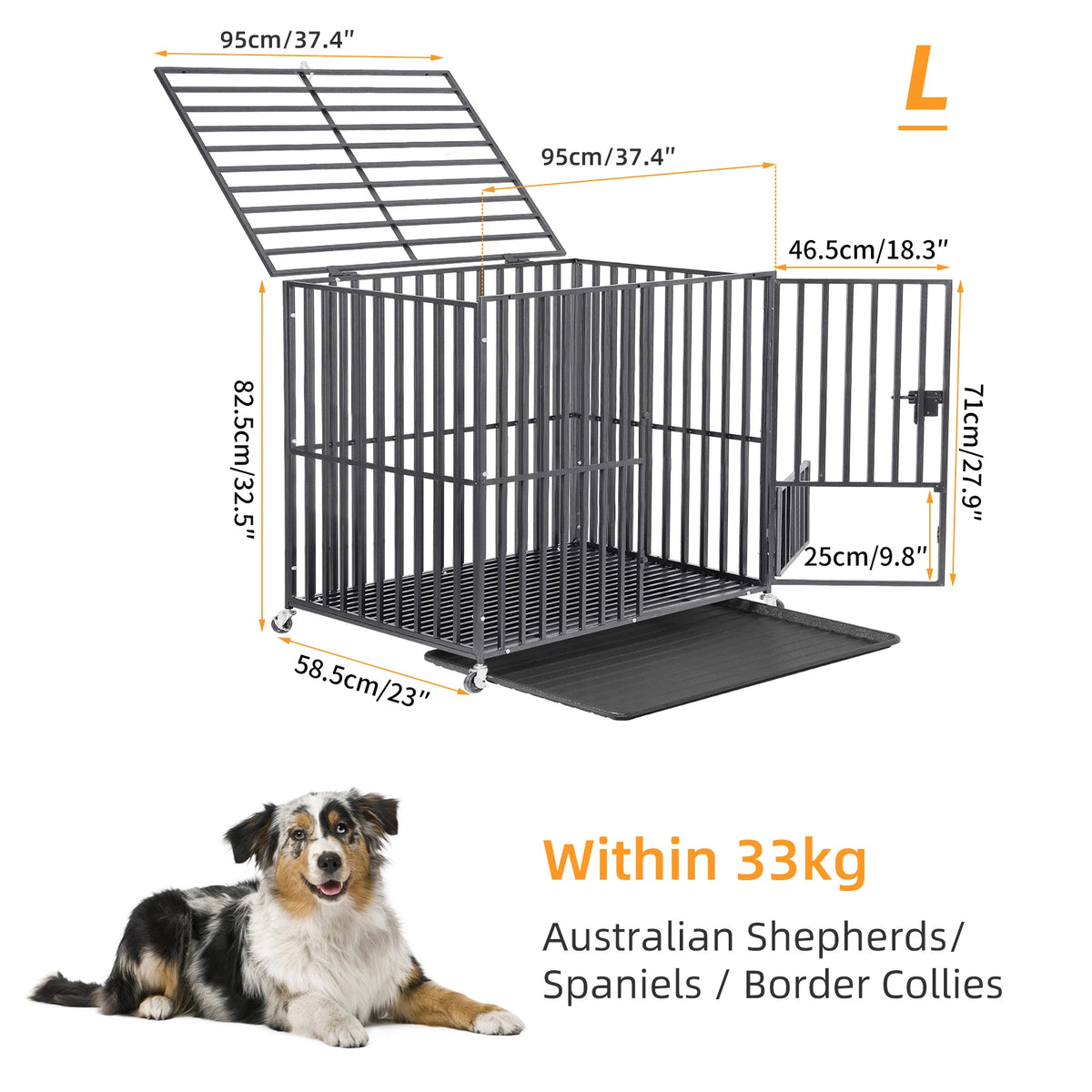BINGOPAW Large Heavy Duty Dog Crate 95x57x81cm 4 Lockable Wheels 3 Doors Tray for Medium Large Dogs
