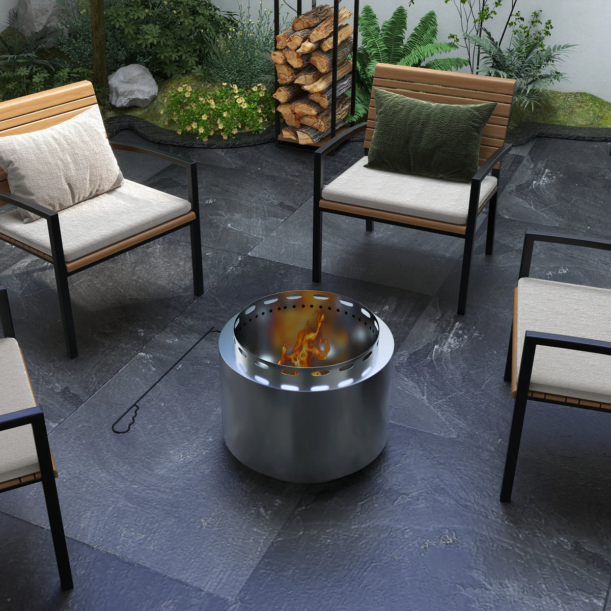 Smokeless Stainless Steel Fire Pit with Poker, 48.5cm