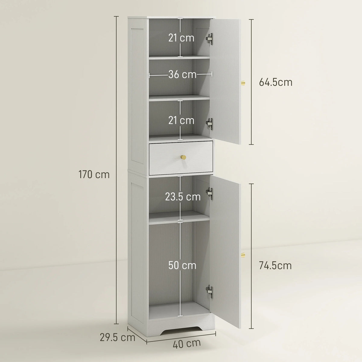 Tall Bathroom Storage Cabinet with Arch Doors and Adjustable Shelf, 40 x 29.5 x 170 cm, White