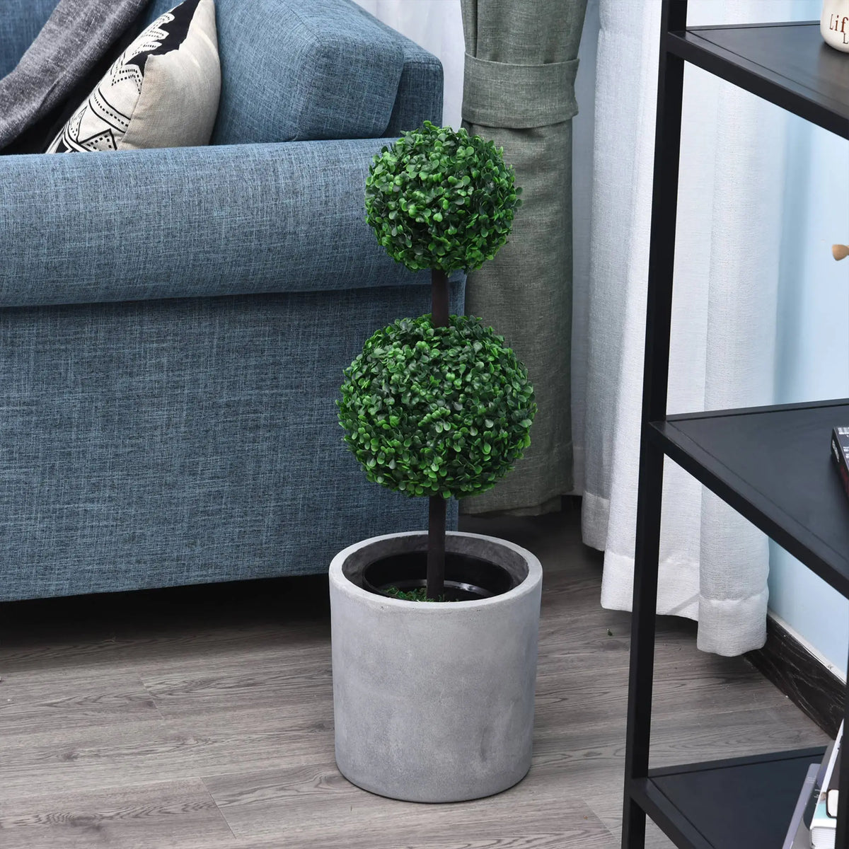 Set of 2 Artificial Double Ball Topiary Trees 23x67cm with Cement Filled Pots Faux Plants Green
