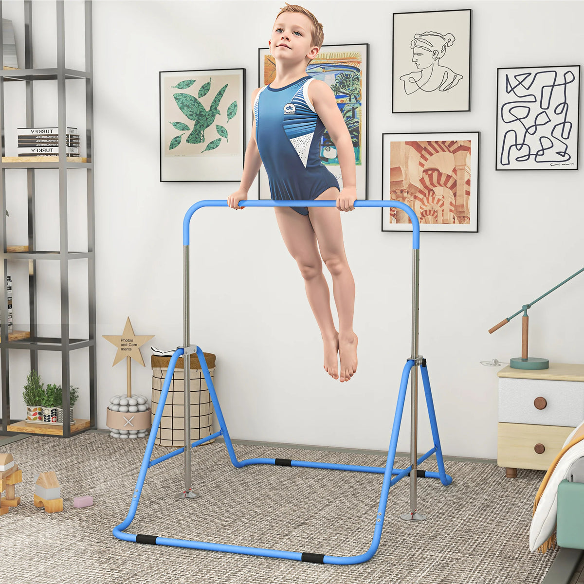 Kids Gymnastics Bar Height Adjustable Foldable Training Bar Steel Frame with Non Slip Rubber Feet