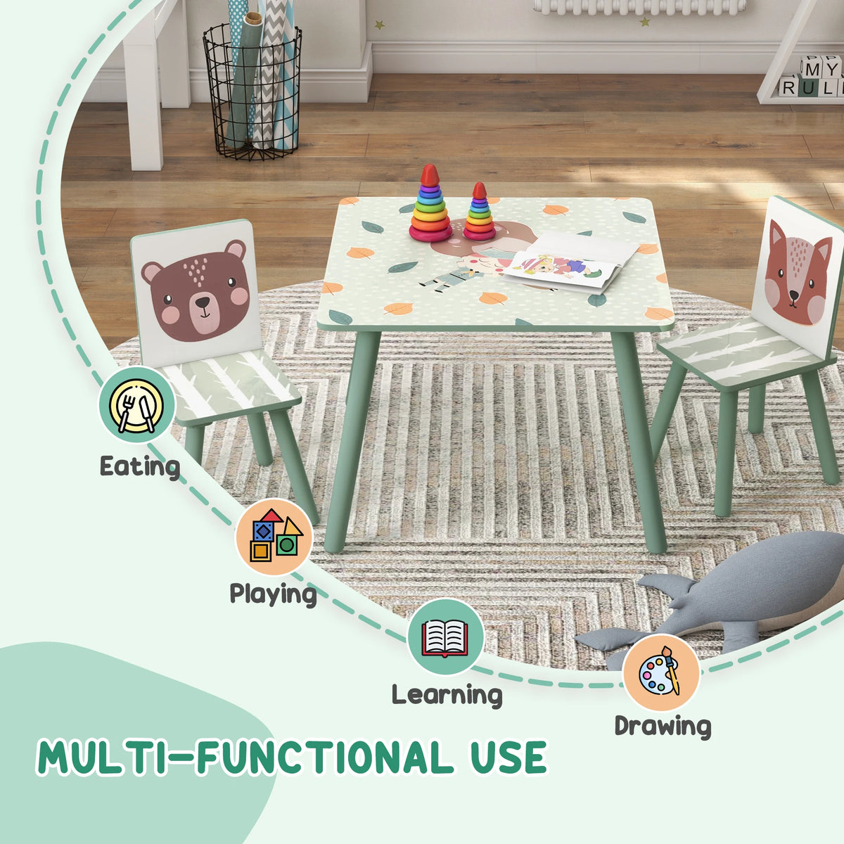 3 Piece Kids Table and Chair Set with 2 Chairs Animal Design Rounded Edges for Ages 3-8 Nursery