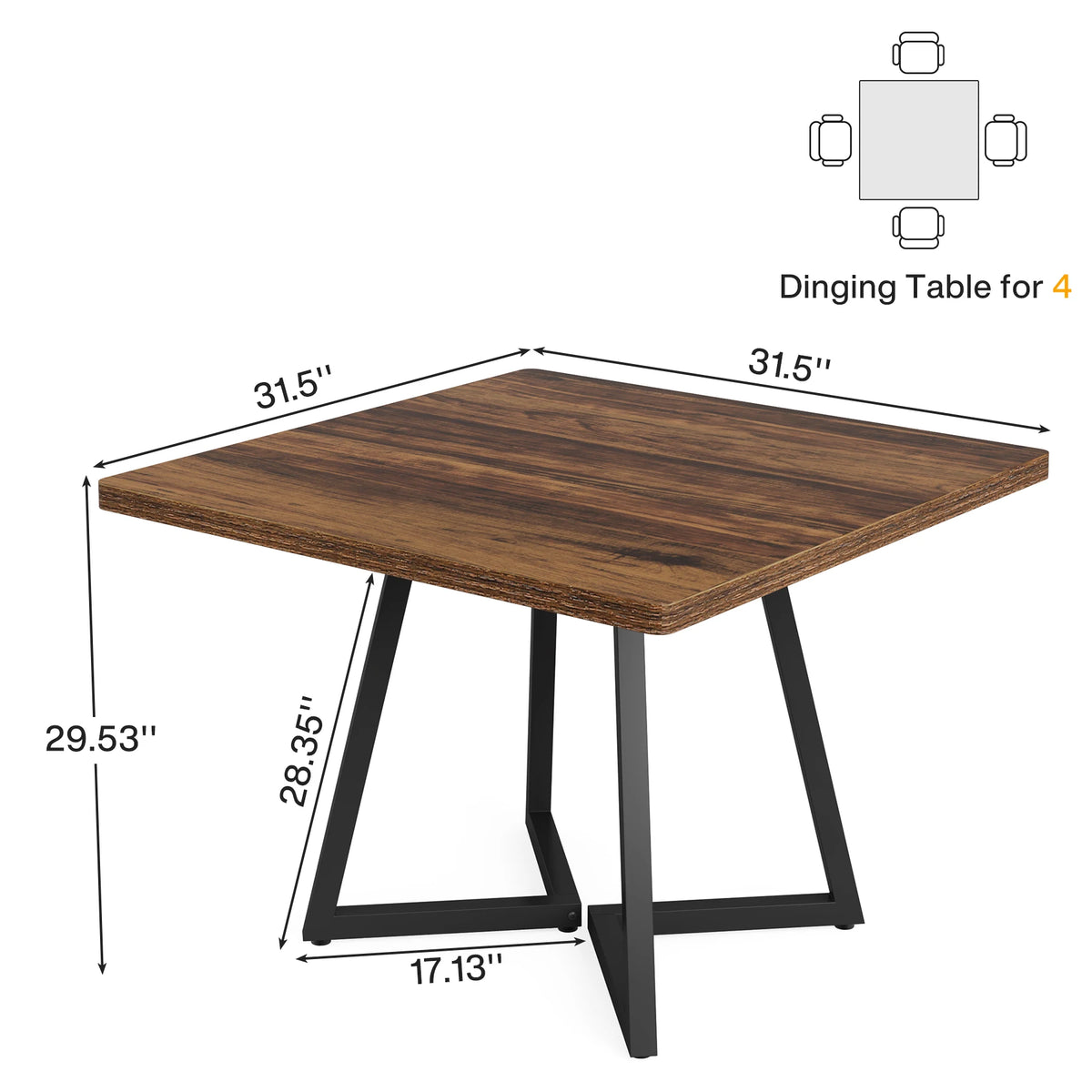 Square Dining Table for 4 Industrial Wood Kitchen Table with Metal Base