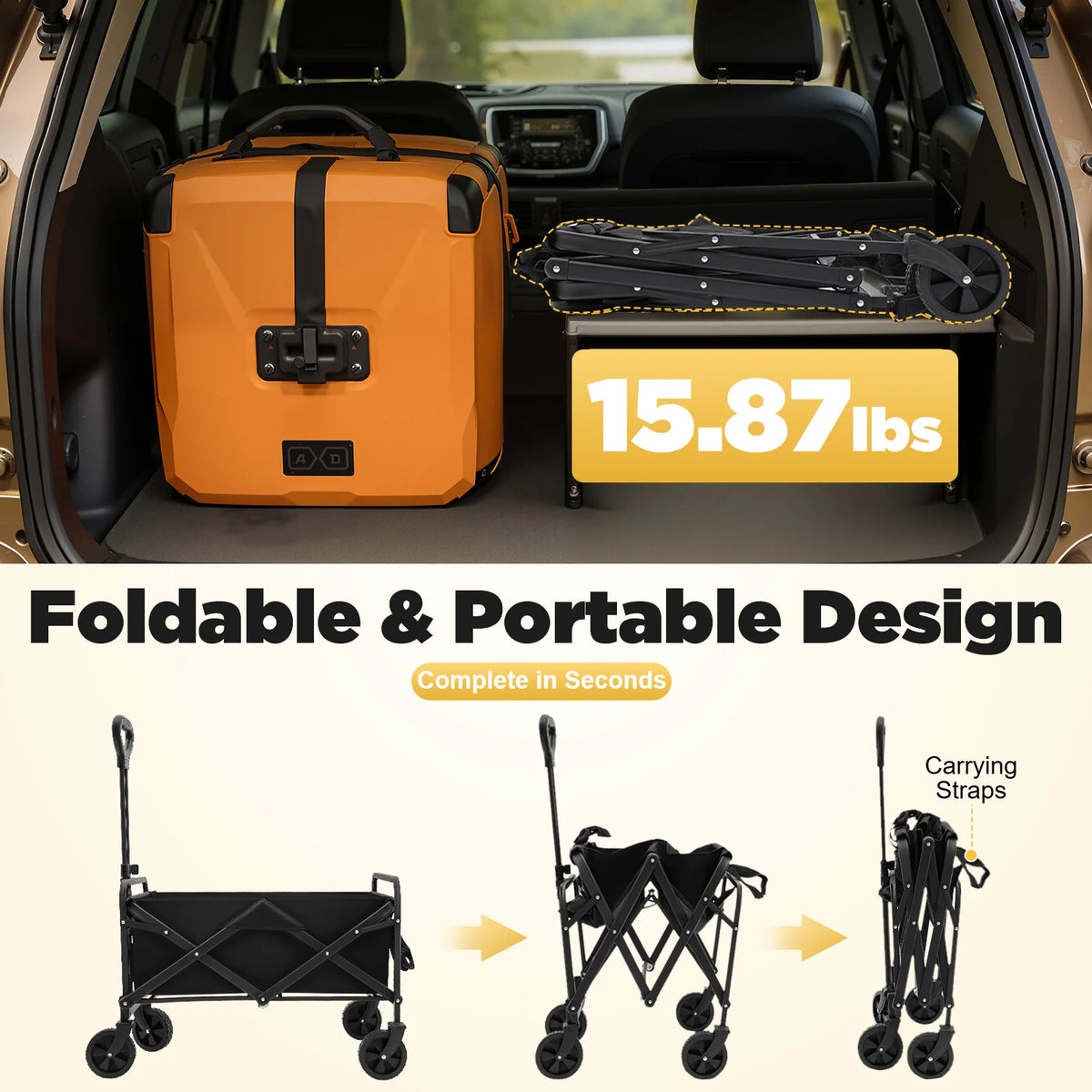 Folding Wagon Garden Cart 80kg 5 Inch Rubber Wheels Adjustable Handle 2 Cup Holders for Camping Shopping Outdoor