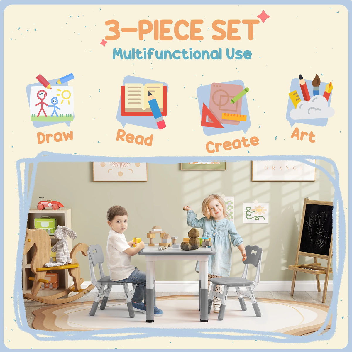 3 Piece Kids Table and Chair Set with 7 Table Heights and 3 Chair Heights Wipe Clean Arts and Crafts Grey
