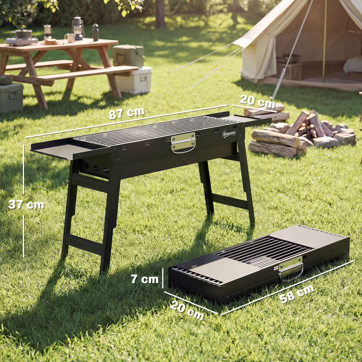 Foldable Charcoal BBQ Grill with 2 Side Shelves, Black