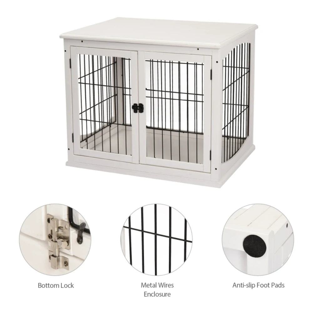 Dog Crate Furniture Puppy End Table 81x58.5x66cm White with 2 Doors for Medium Small Dogs