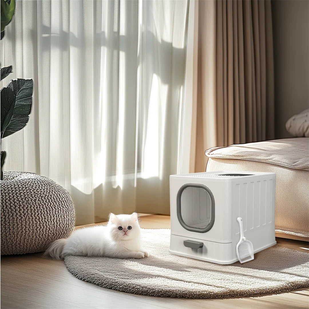 Enclosed Cat Litter Box with Drawer 48.3x35.8x38.8cm Front Top Doors Acrylic Window Lid Scoop White Grey