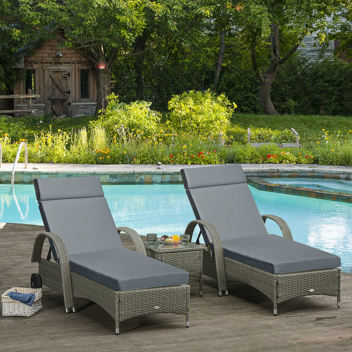 Set of 2 Deep Seat Patio Lounger Cushions with Ties, Dark Grey