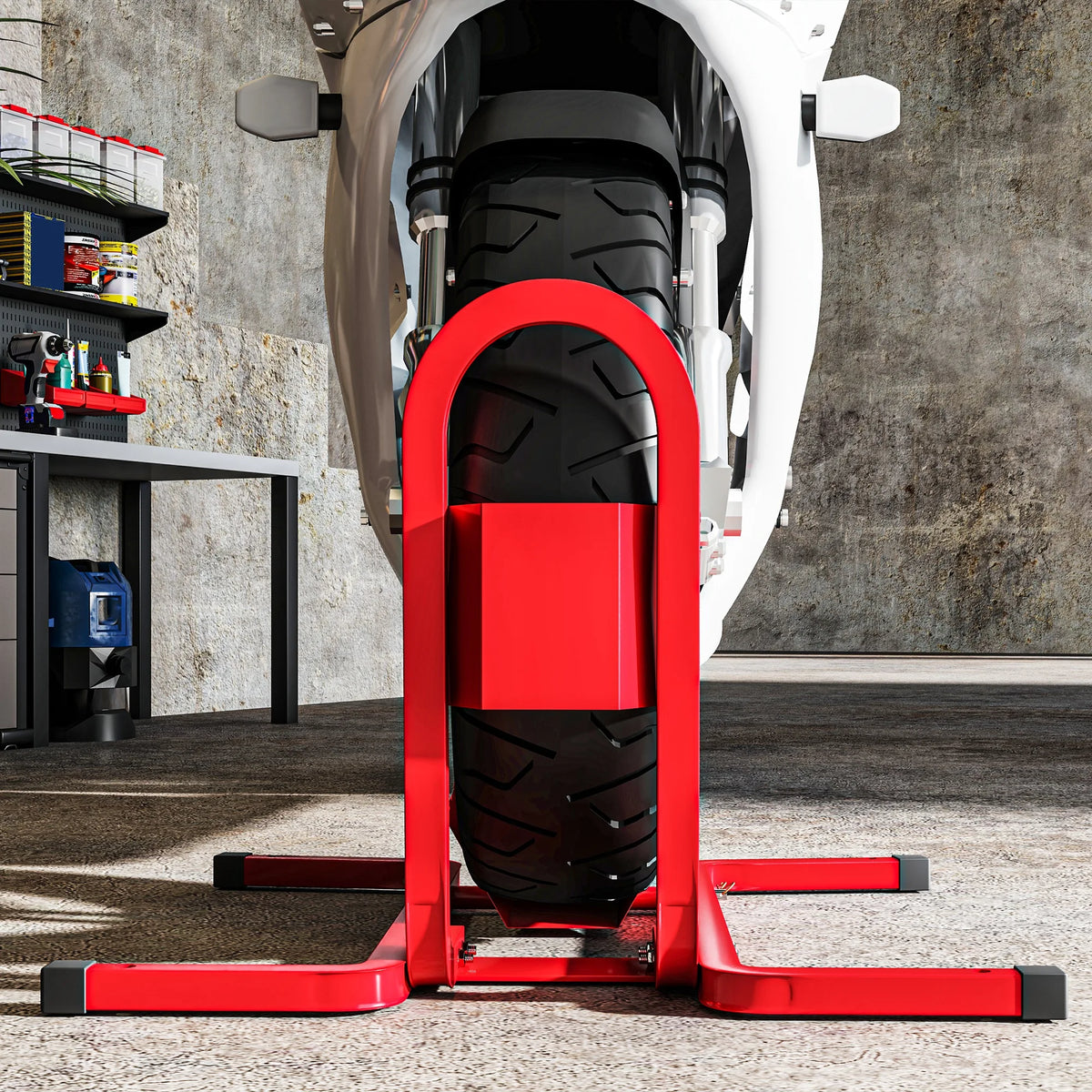 Motorcycle Wheel Chock Stand, Adjustable for 17–21" Front Wheels, Red