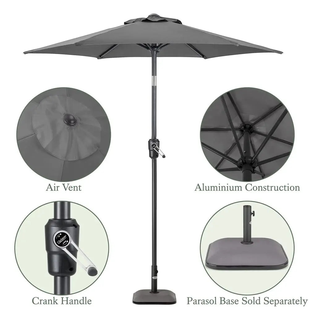 2m Tilting Garden Parasol with Crank Handle, Aluminium Pole, UPF 30, Grey