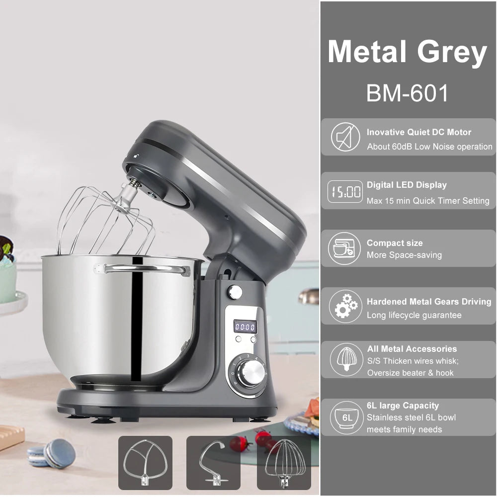 1200W Stand Mixer 6L Kitchen Food Mixer with Dough Hook Whisk 6 Speed Baking Machine