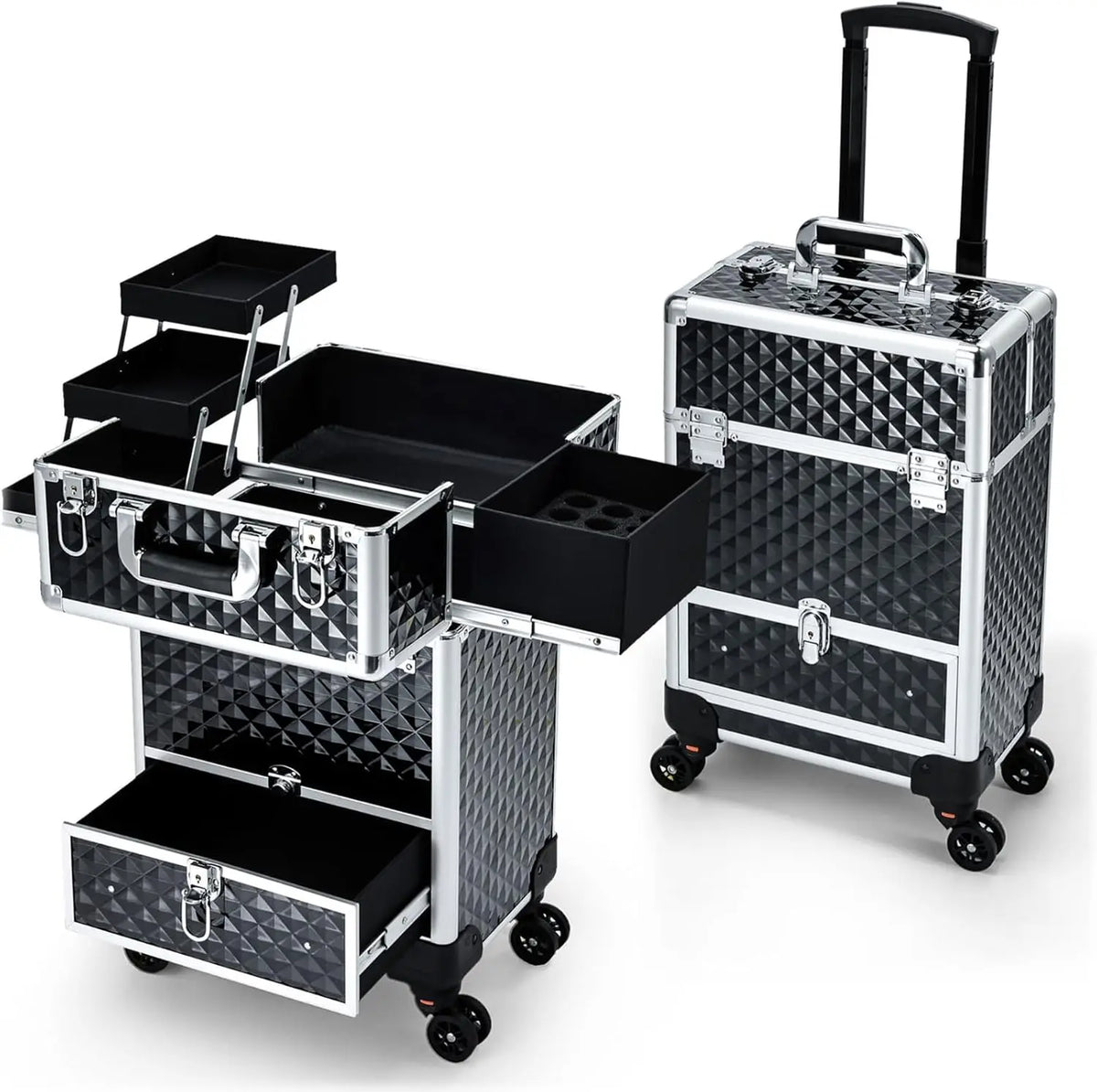Rolling Makeup Case with Slide Out Drawer and 4 Trays 36-55L PVC Cosmetic Trolley for Salon and Travel