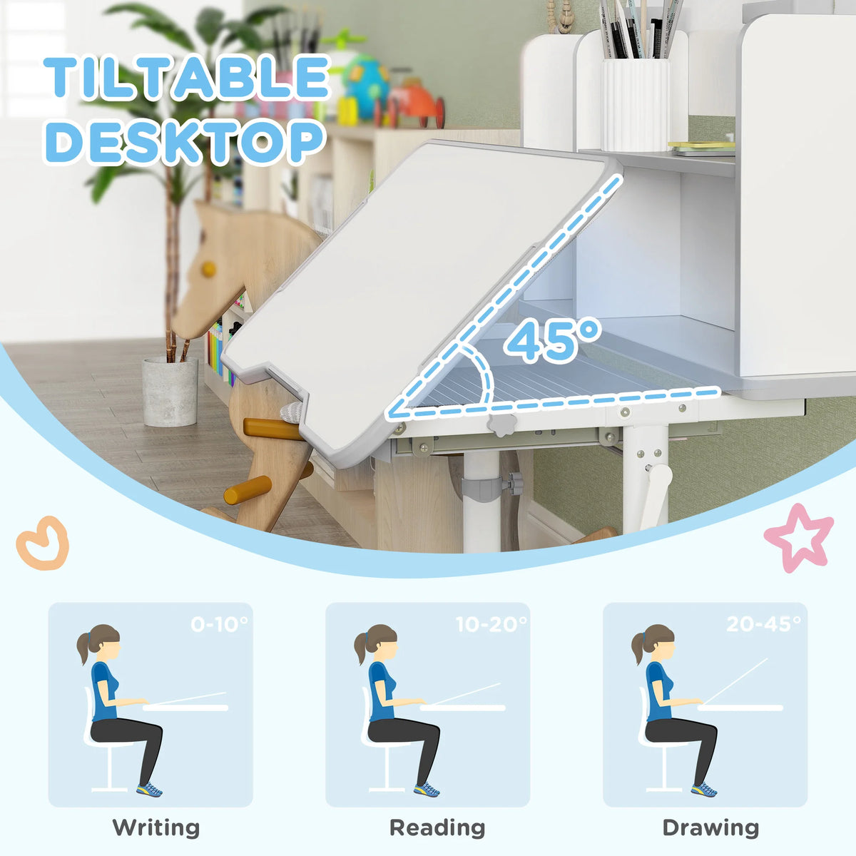 Height Adjustable Kids Study Desk with 0-45° Tiltable Top Drawer Bookshelf and Reading Rack Ages 3-13