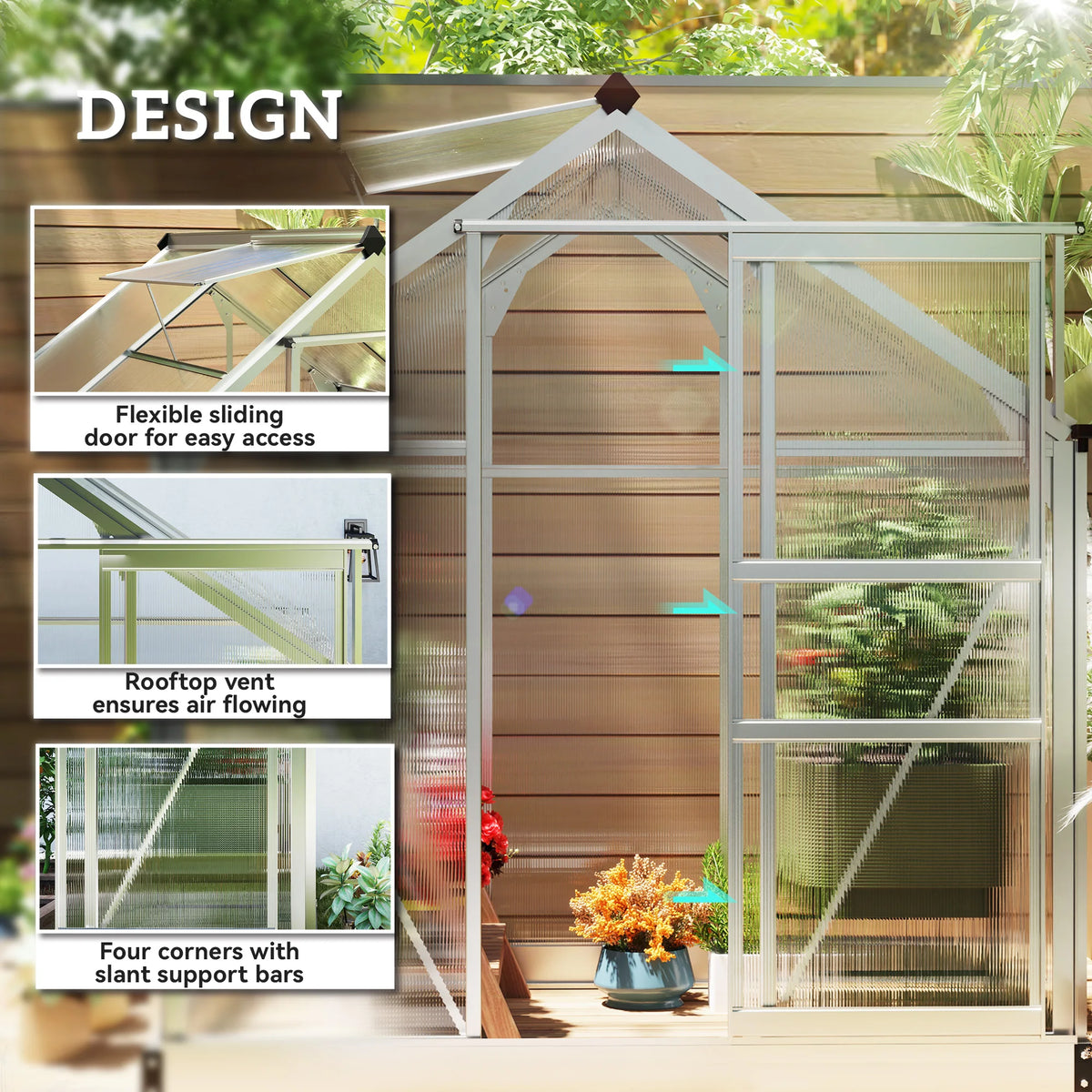 6 x 4ft Polycarbonate Greenhouse, Large Walk-In Green House with Slide Door and Window, Garden Plants Grow House