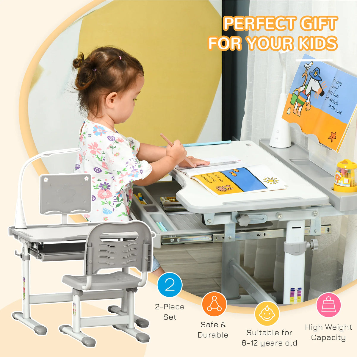 Height Adjustable Kids Desk and Chair Set with USB Lamp