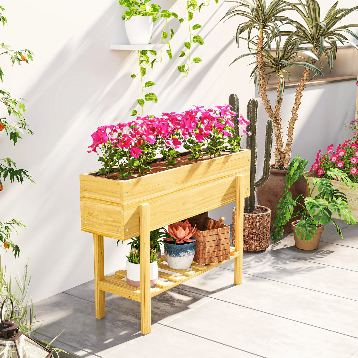 Wooden Raised Garden Bed with Bed Liner, Storage Shelf, Natural Wood Finish