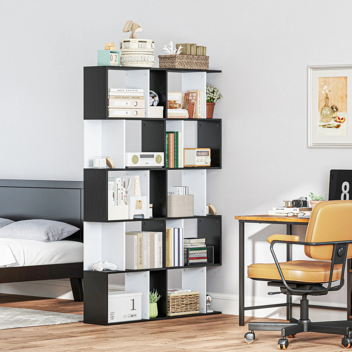 5 Tier S Shape Bookcase Open Back Shelving Unit Doubles as Room Divider Particle Board Black