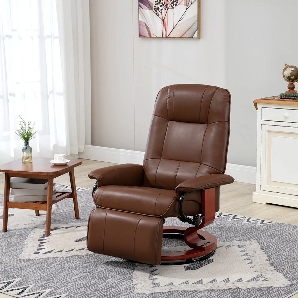 Swivel Recliner Armchair with Footrest, Faux Leather, Brown