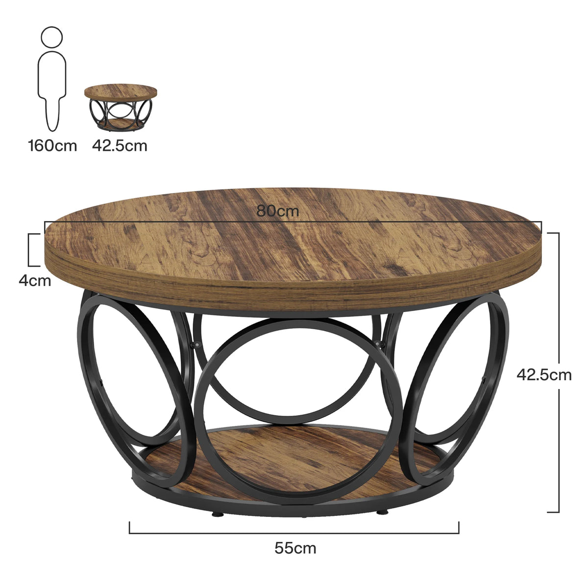 Round Coffee Table 80cm Wooden Center Table with 2 Tier Storage Farmhouse Style