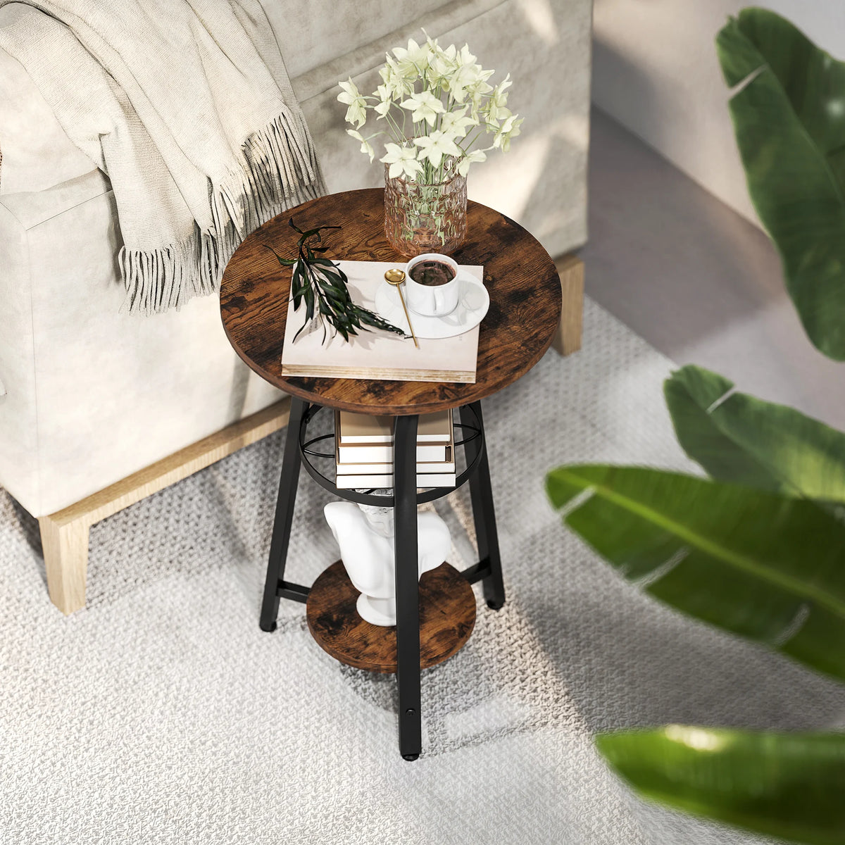 3-Tier Small End Table, Industrial 38cm Round Side Table, Rustic Brown